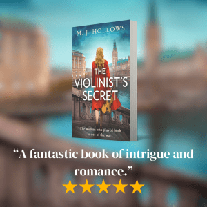 the cover of the violinist's secret with a quote: "a fantastic book of intrigue and romance"